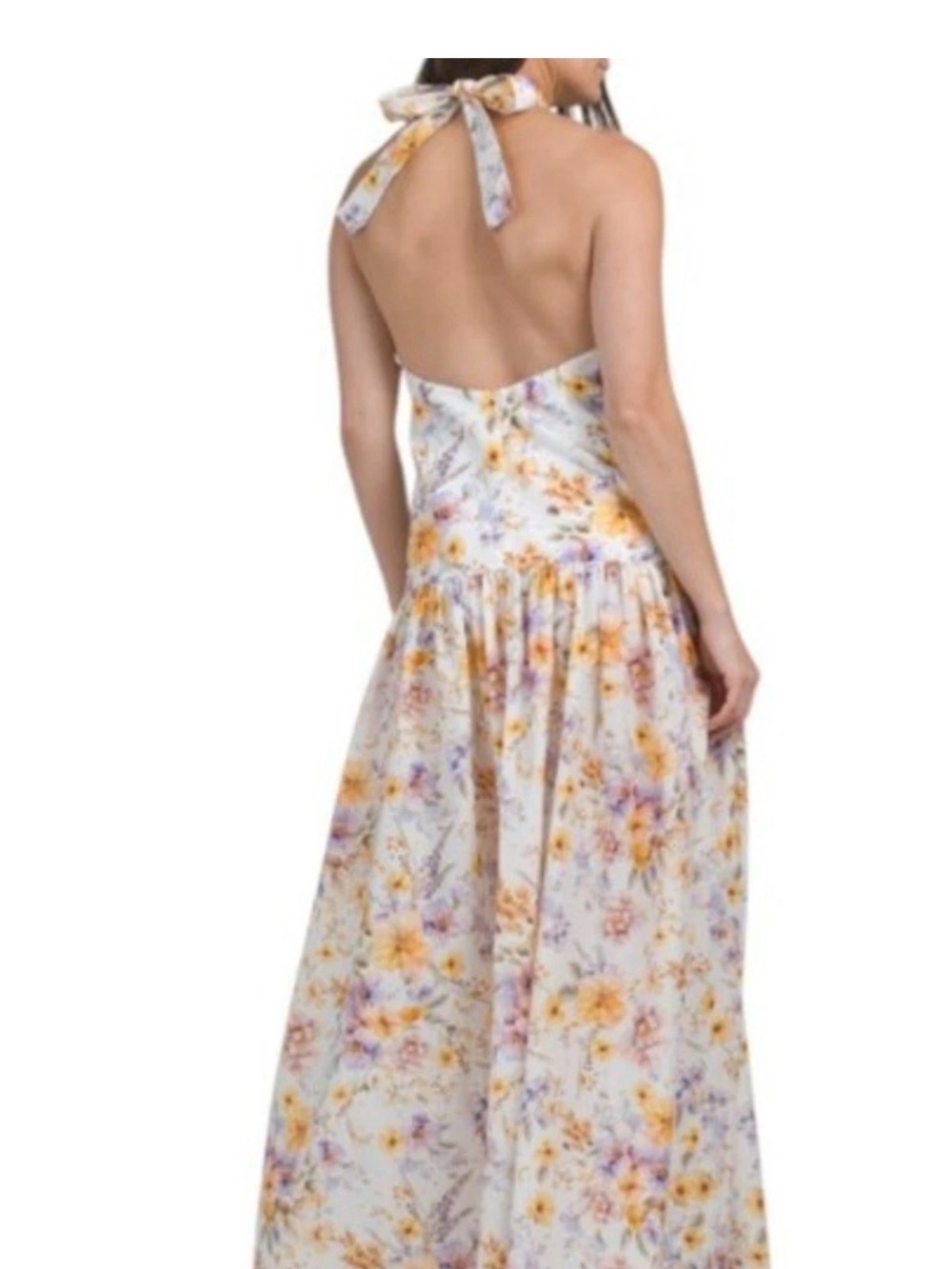 Aqua Blu White Halter Backless Maxi Dress with Yellow & Purple Floral Print